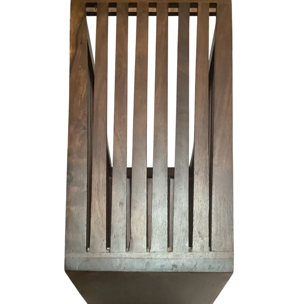 Mid Century Modern Slatted Wood Magazine Holder Floor Rack Dark Brown Heavy